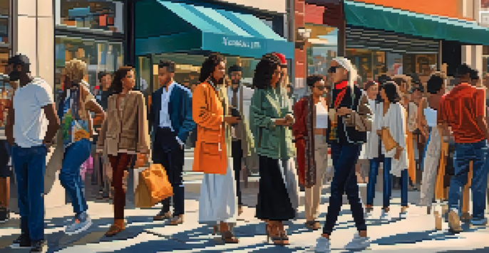 A lively street filled with diverse individuals in a mix of high-end and thrifted fashion, showcasing colorful storefronts and street art.