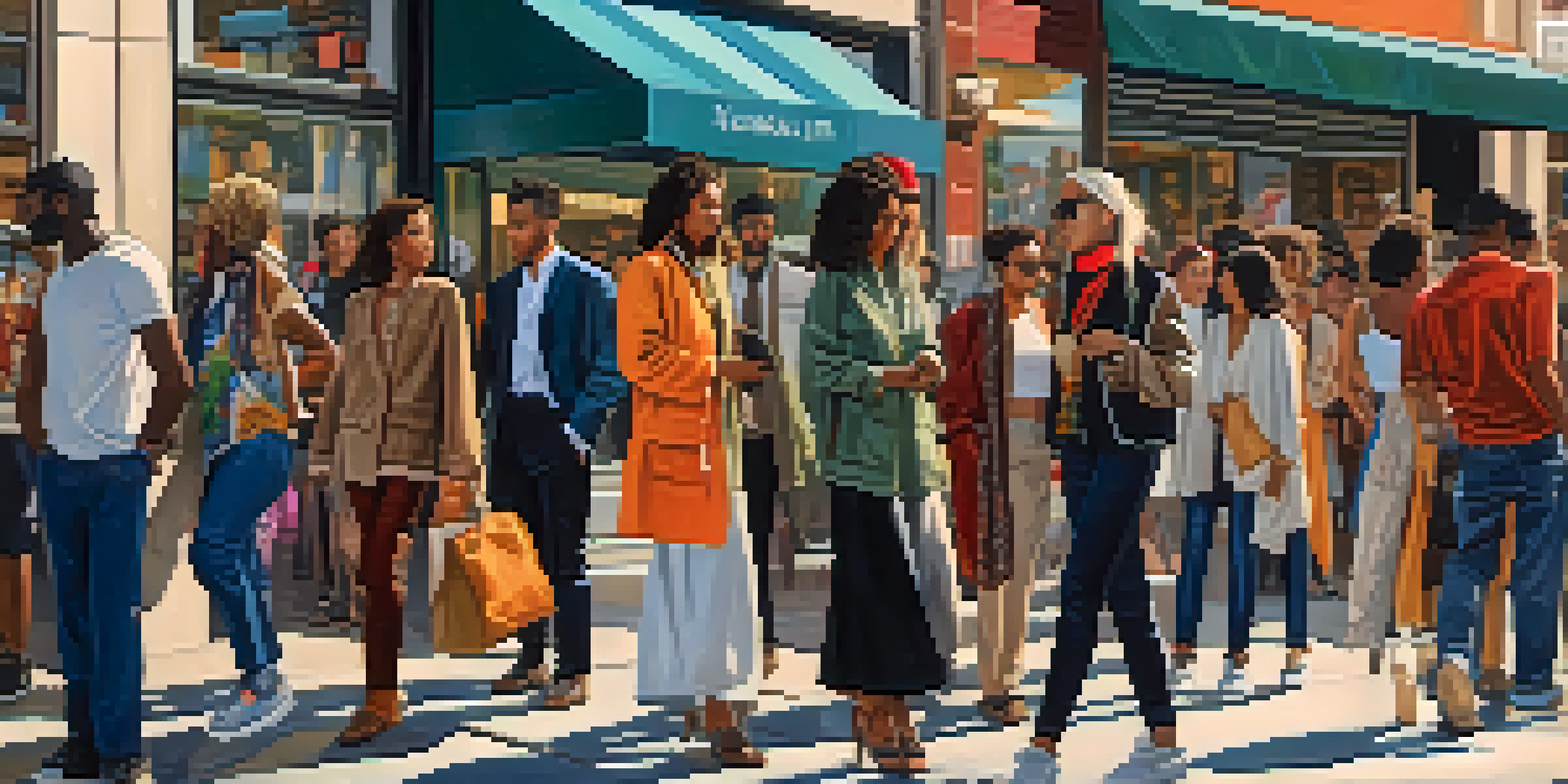 A lively street filled with diverse individuals in a mix of high-end and thrifted fashion, showcasing colorful storefronts and street art.
