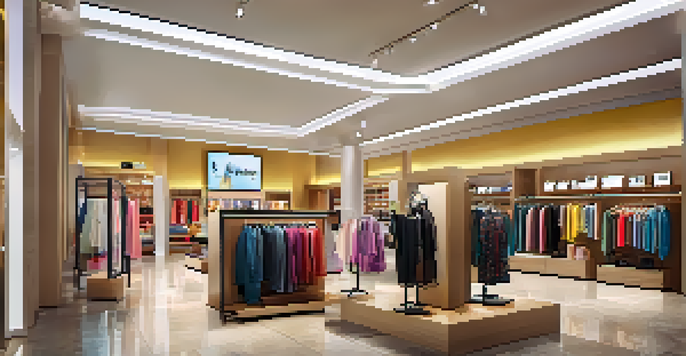 An interior view of a modern fashion retail store with organized clothing displays and digital screens, depicting a welcoming shopping environment.