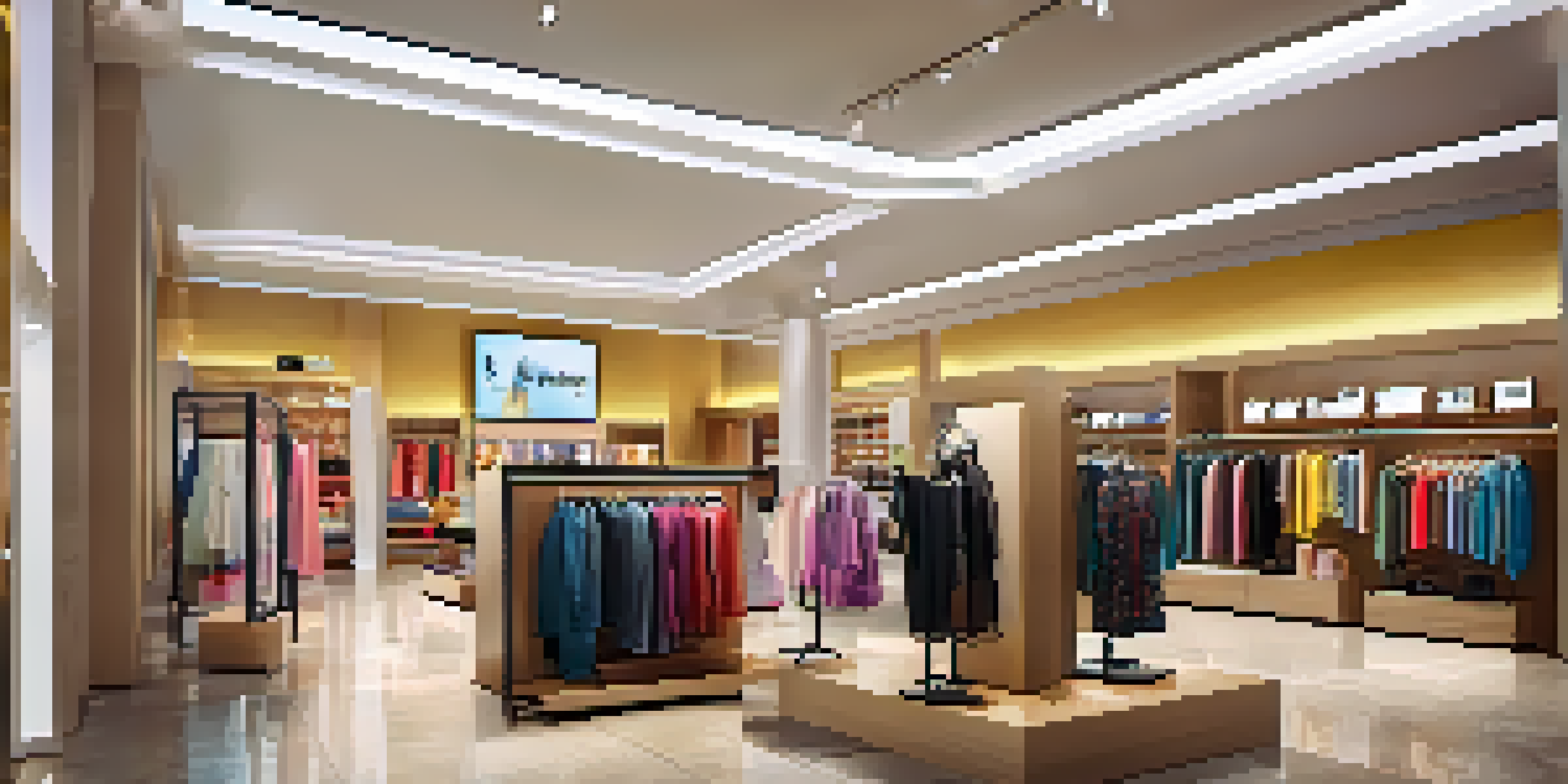 An interior view of a modern fashion retail store with organized clothing displays and digital screens, depicting a welcoming shopping environment.