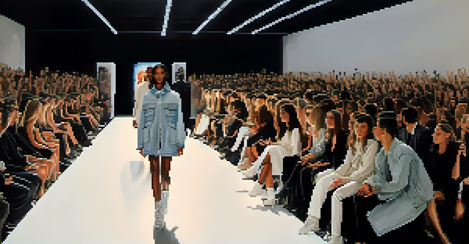 Models walking on a runway showcasing a new Yeezy fashion collection, with dramatic lighting and an engaged audience.