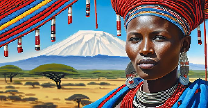A Maasai woman in traditional red shúkà and colorful beadwork, standing in a lush landscape with acacia trees and a bright blue sky.