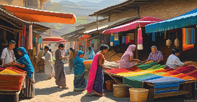 A bustling market with artisans weaving traditional textiles, showcasing vibrant colors and intricate designs.