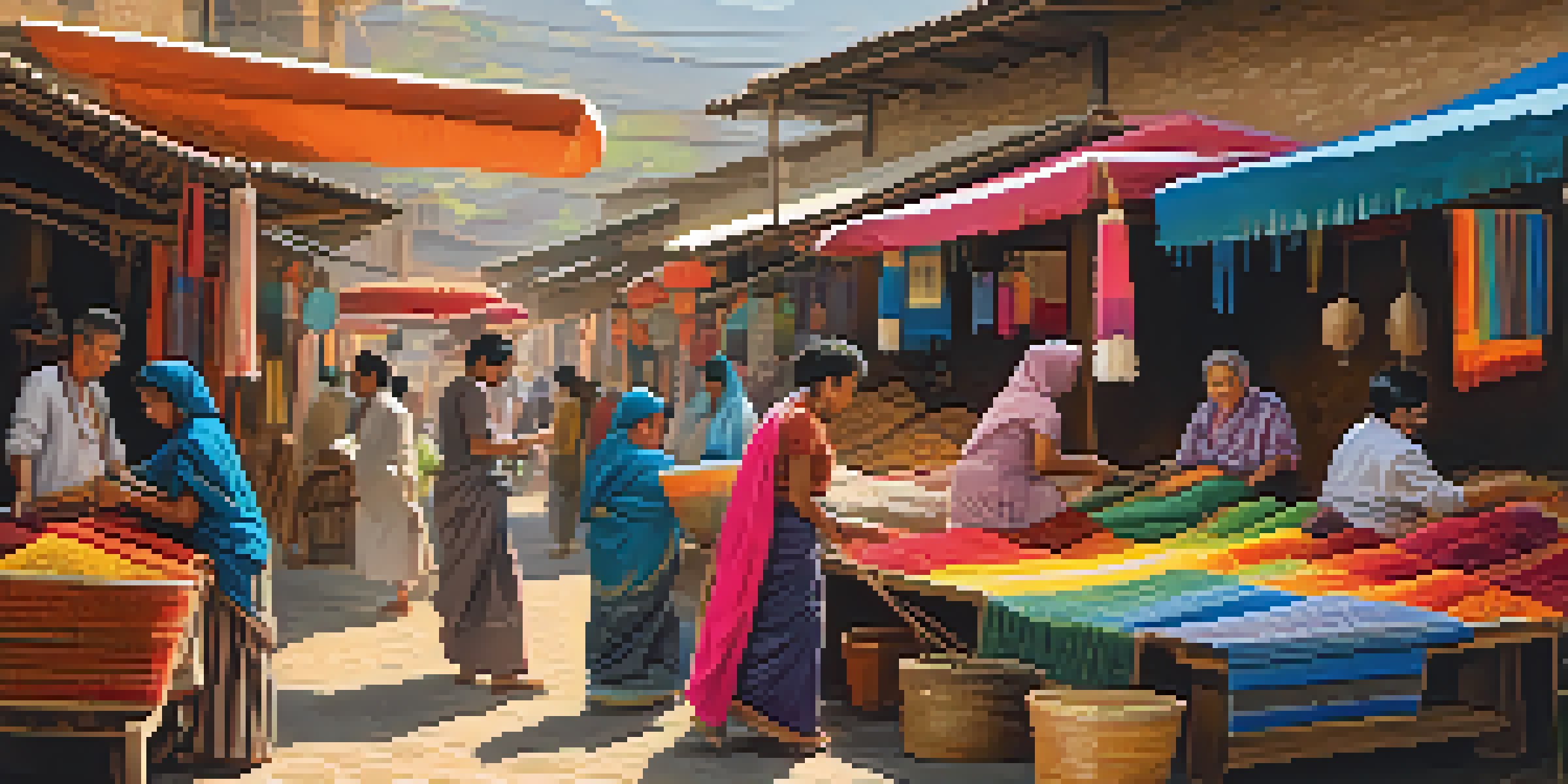 A bustling market with artisans weaving traditional textiles, showcasing vibrant colors and intricate designs.