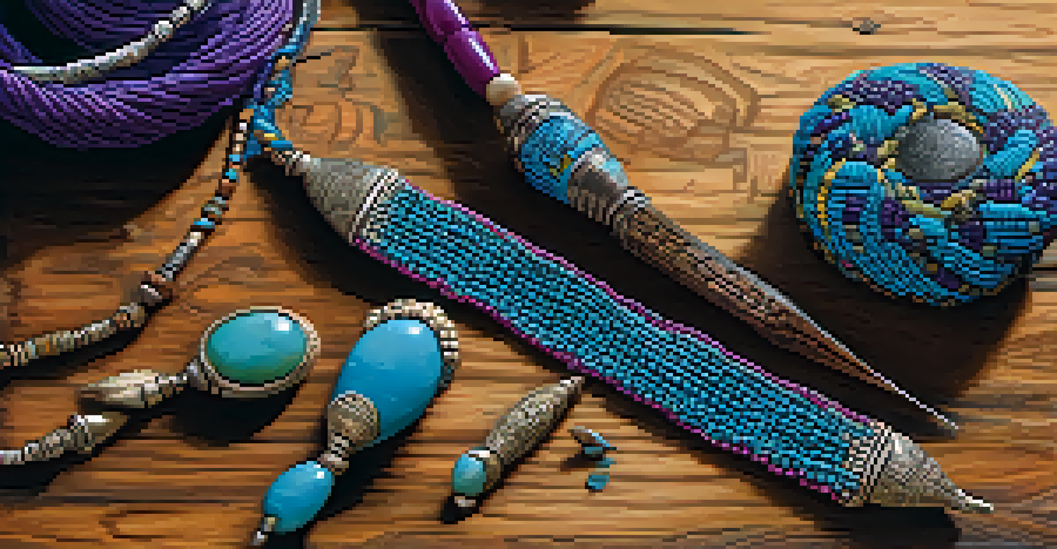 A close-up of a handcrafted artisan piece showcasing intricate details and vibrant colors on a wooden surface, with crafting tools nearby.