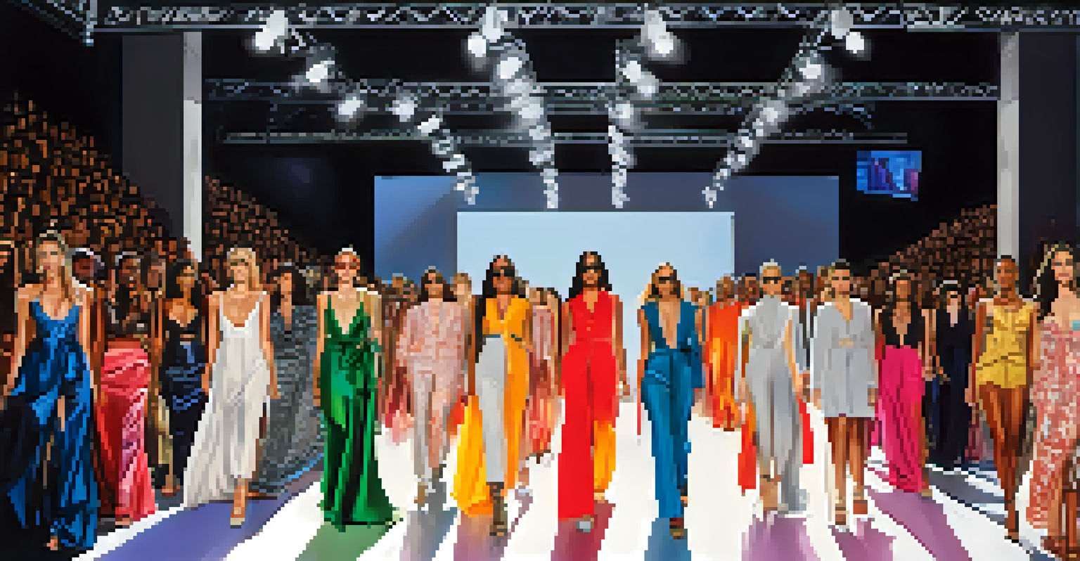 A colorful fashion runway with diverse models showcasing unique clothing collaborations, illuminated by soft lights and an engaged audience in the background.