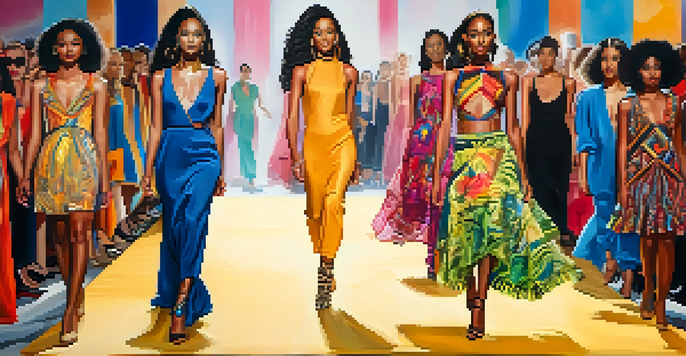 A fashion show with diverse models wearing colorful clothing designs on a bright runway with an enthusiastic audience.