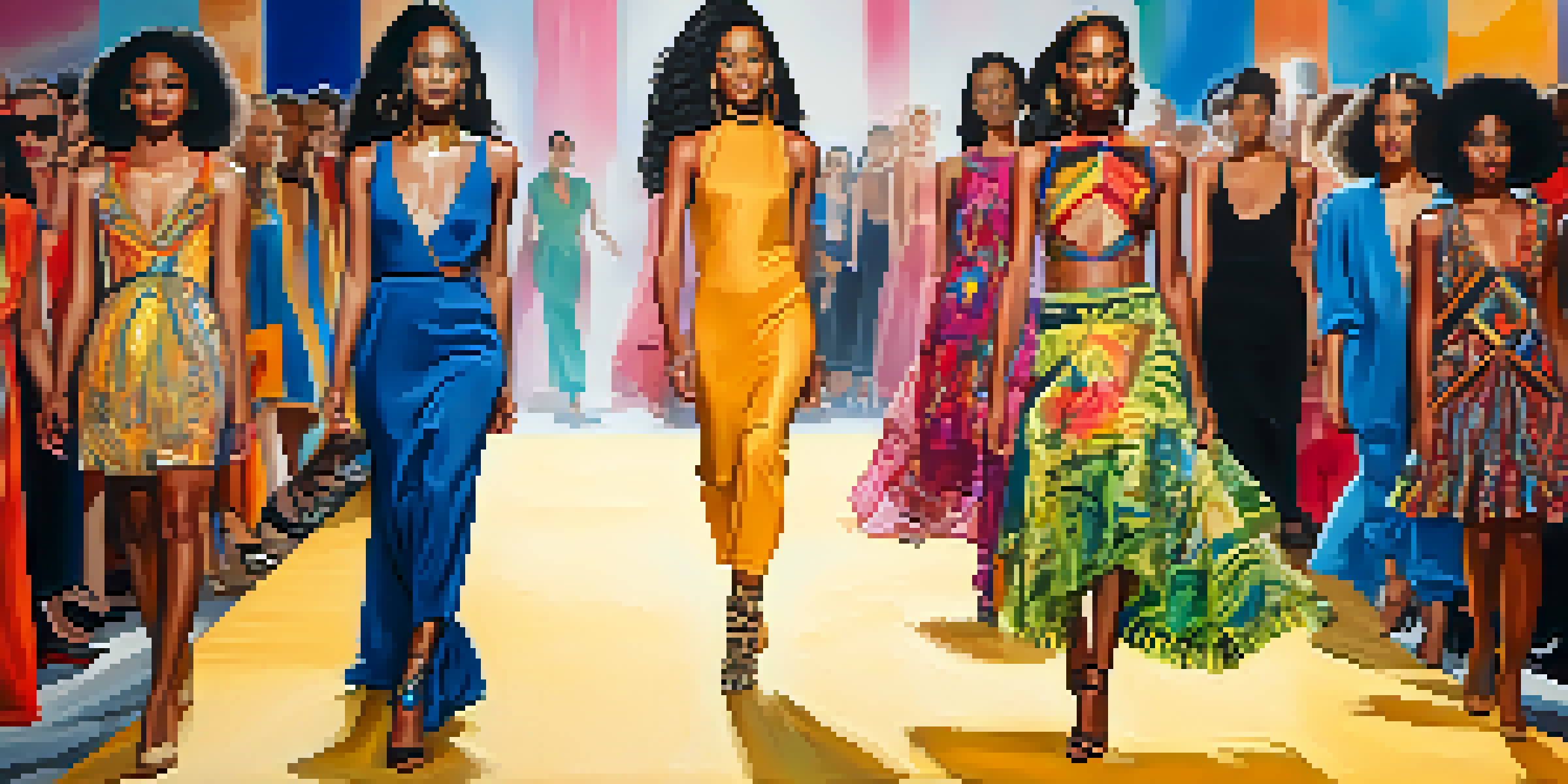 A fashion show with diverse models wearing colorful clothing designs on a bright runway with an enthusiastic audience.