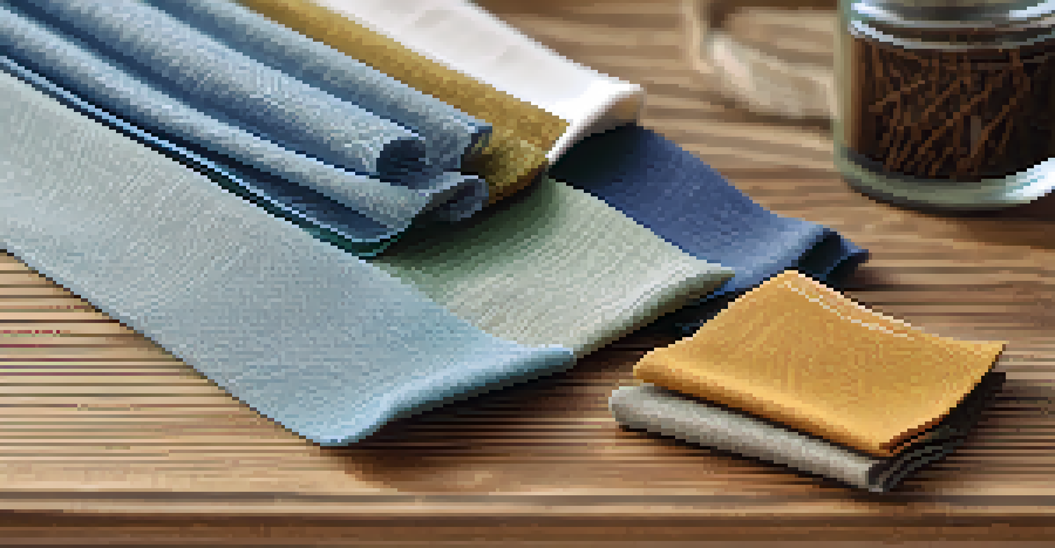 An artistic close-up of various sustainable fabric swatches showcasing different textures and colors on a wooden table.