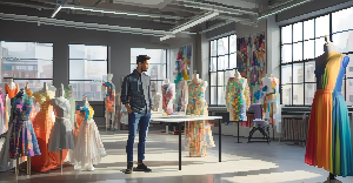 A fashion designer in a bright studio with 3D printed garments and colorful fabrics, illuminated by natural light.
