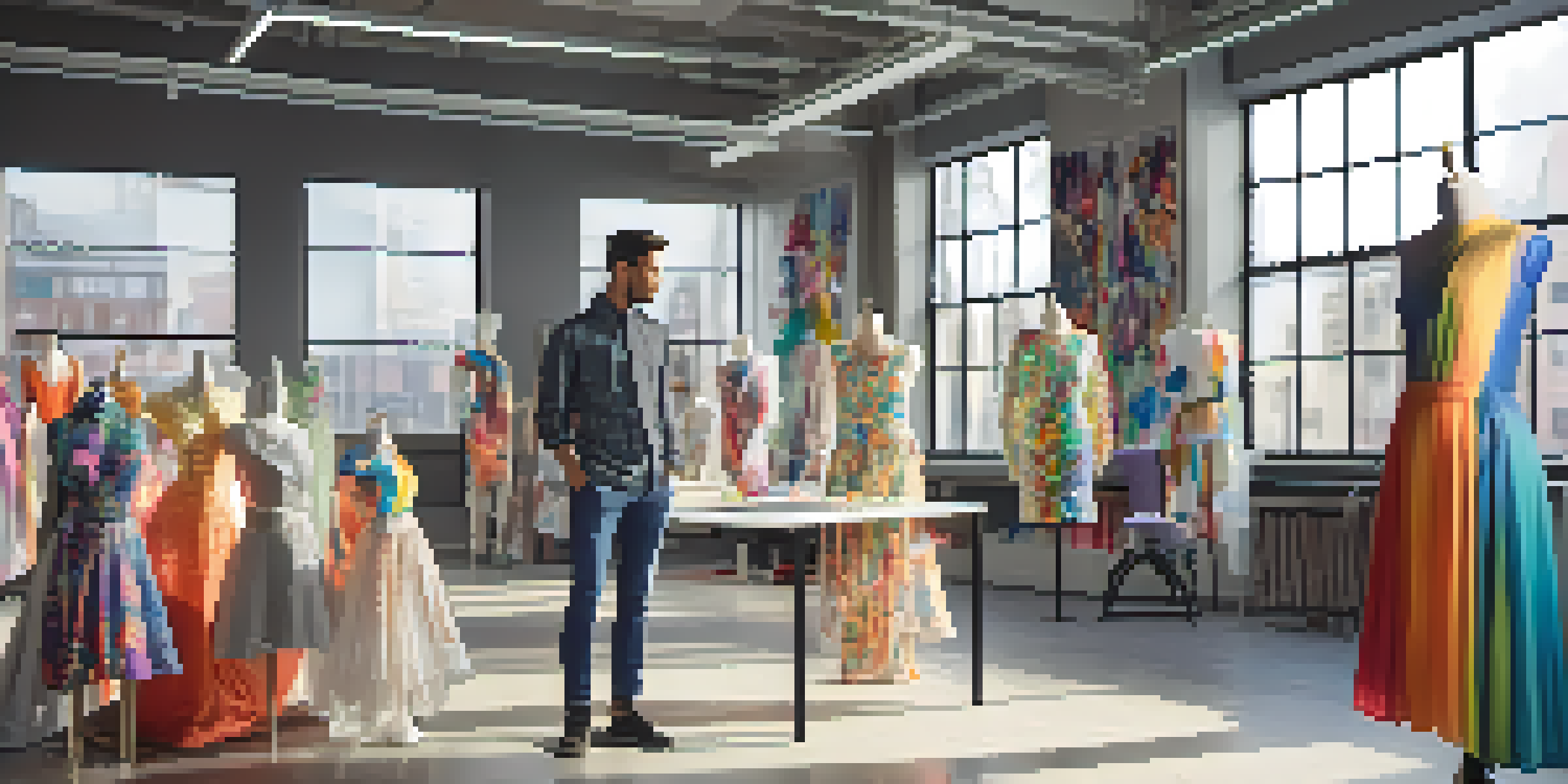 A fashion designer in a bright studio with 3D printed garments and colorful fabrics, illuminated by natural light.