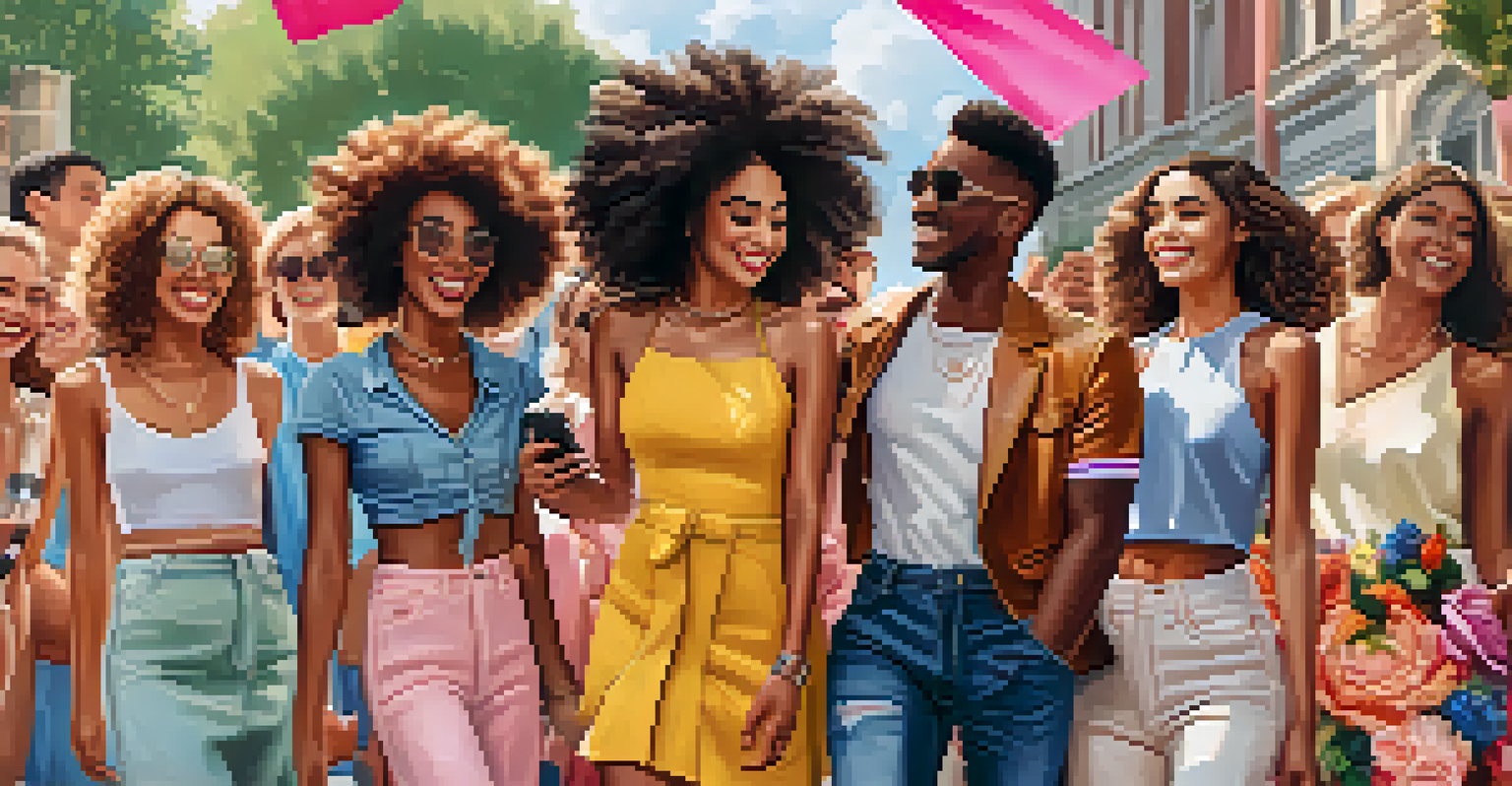 A diverse group of friends at an outdoor fashion show, enjoying the moment in trendy outfits, surrounded by colorful banners and flowers.