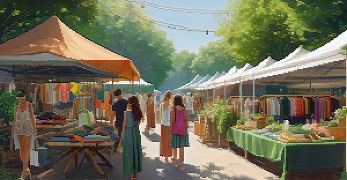 A vibrant outdoor market showcasing eco-friendly clothing amidst lush greenery, with shoppers exploring colorful fabrics.