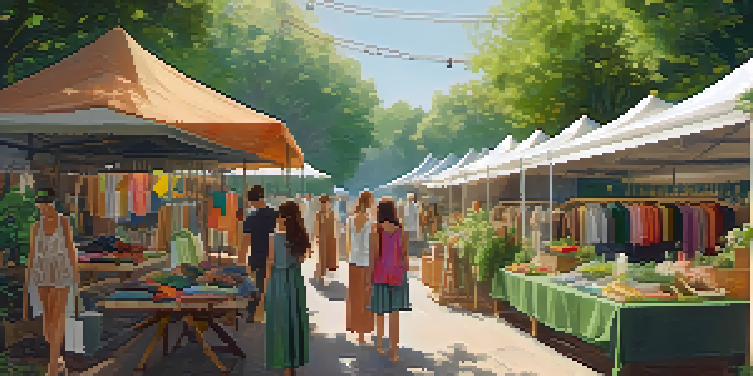A vibrant outdoor market showcasing eco-friendly clothing amidst lush greenery, with shoppers exploring colorful fabrics.