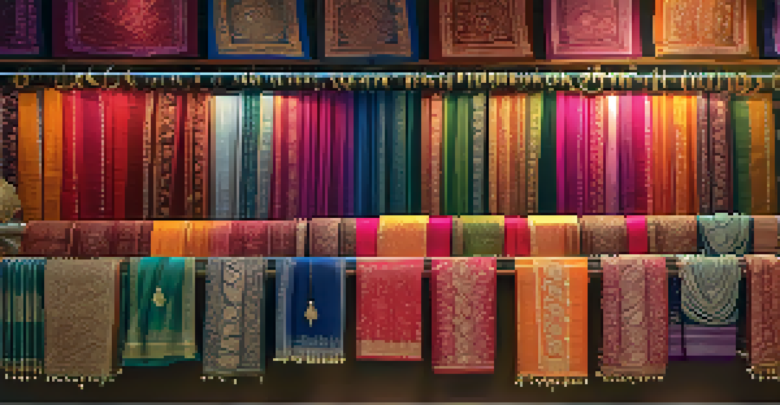 A display of traditional Indian sarees with intricate designs in a market, accompanied by decorative bangles and jewelry.