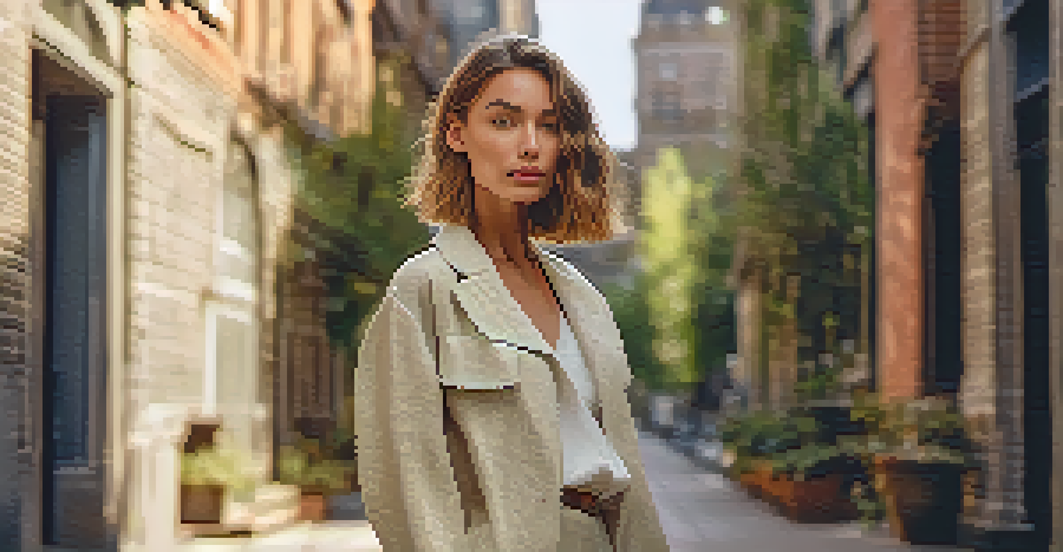 A model in a sustainable outfit made from hemp and Piñatex in an urban setting with greenery, highlighting eco-conscious fashion.