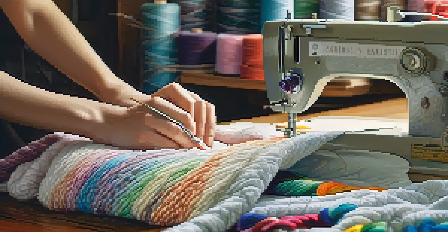Hands sewing a garment from organic cotton fabric with sewing tools and colorful threads in a well-lit workspace.