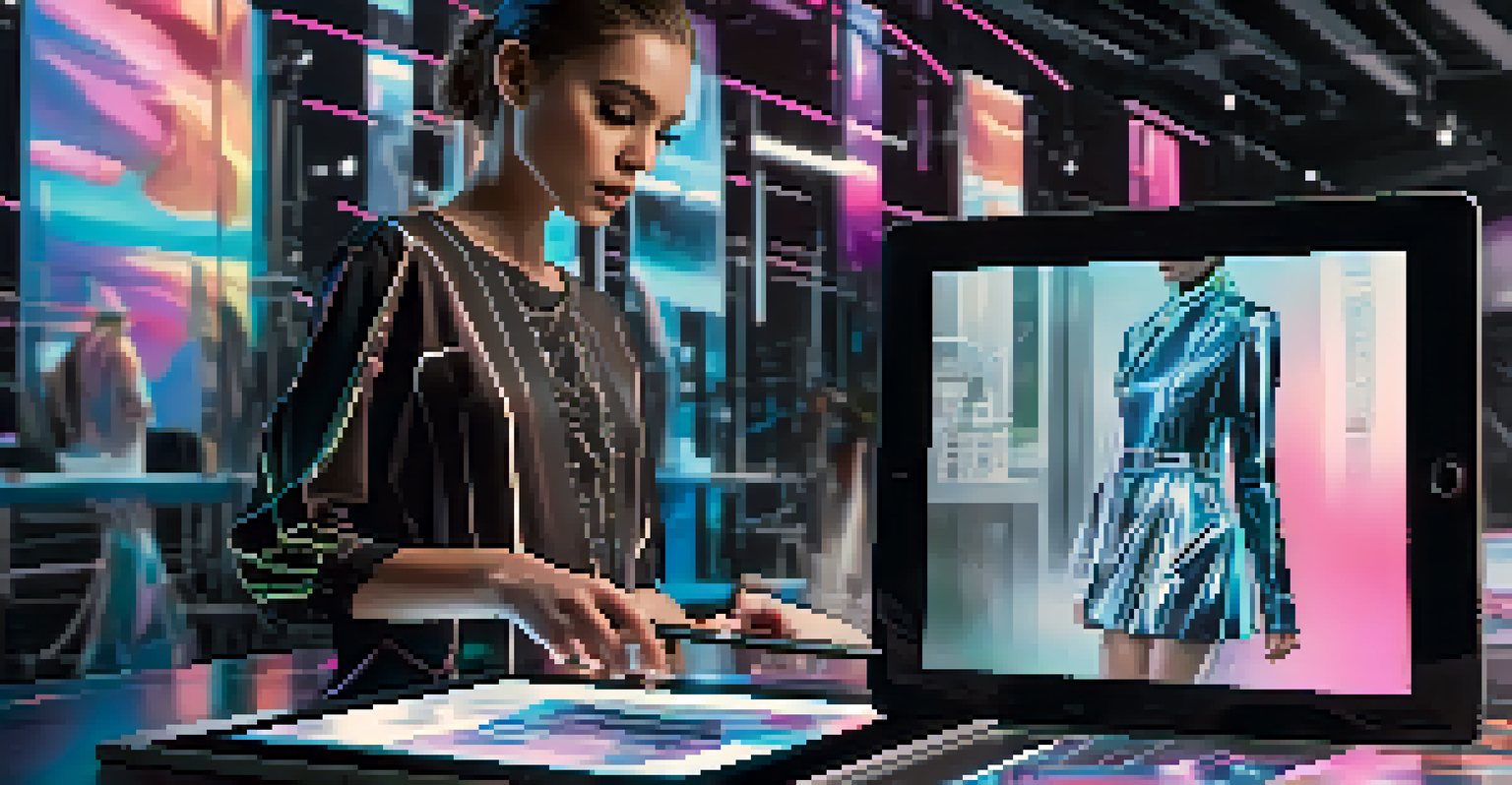A fashion designer using a tablet to create augmented reality clothing designs in a futuristic studio with holographic displays of fashion pieces.