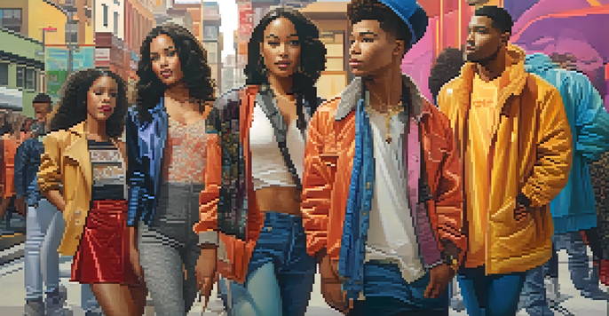 A colorful urban street scene with diverse individuals showcasing various fashion styles, set against a vibrant mural.