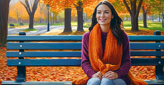 A woman in a chunky knit sweater and scarf sitting on a bench in a park filled with colorful autumn leaves.