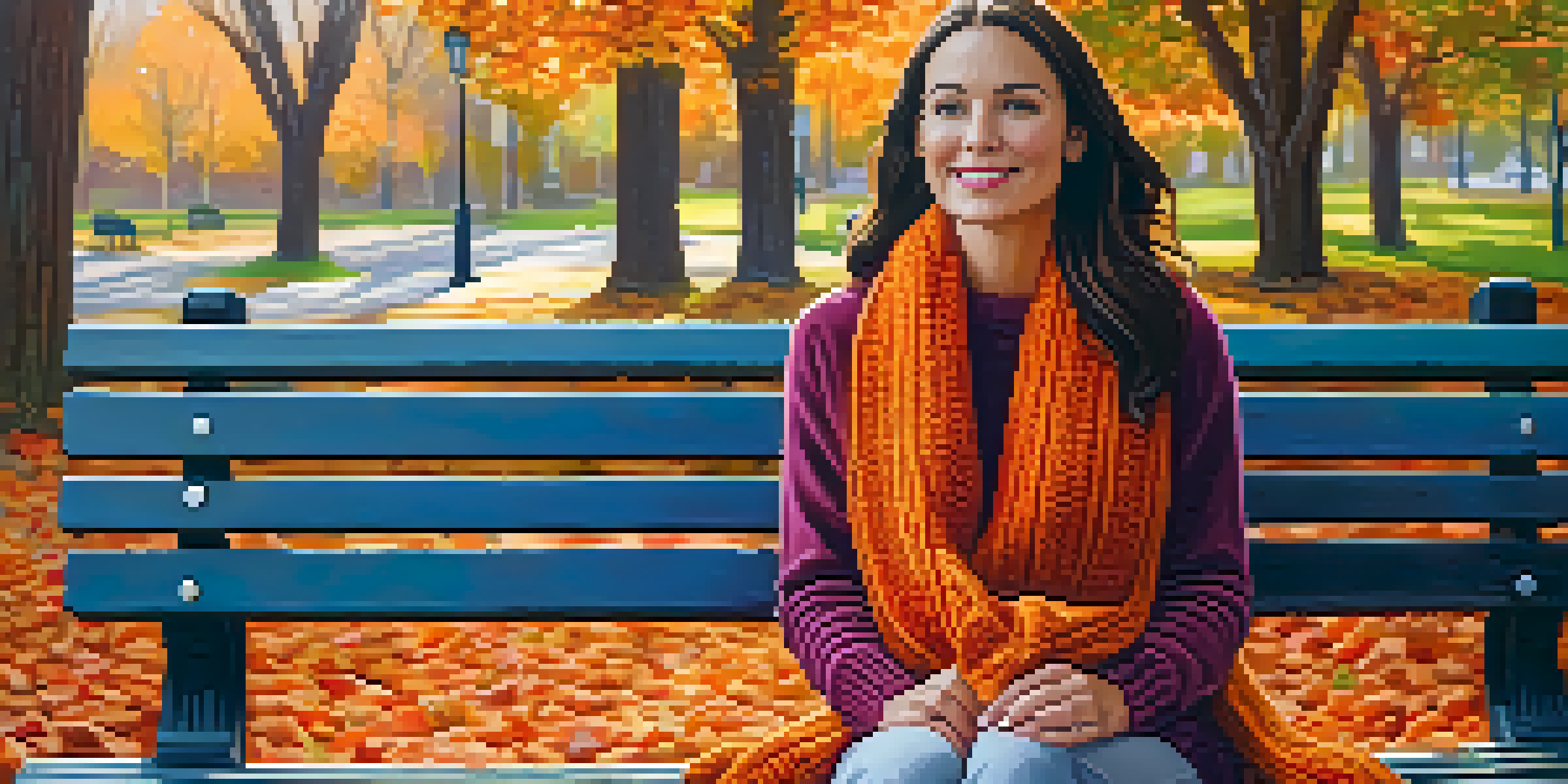 A woman in a chunky knit sweater and scarf sitting on a bench in a park filled with colorful autumn leaves.
