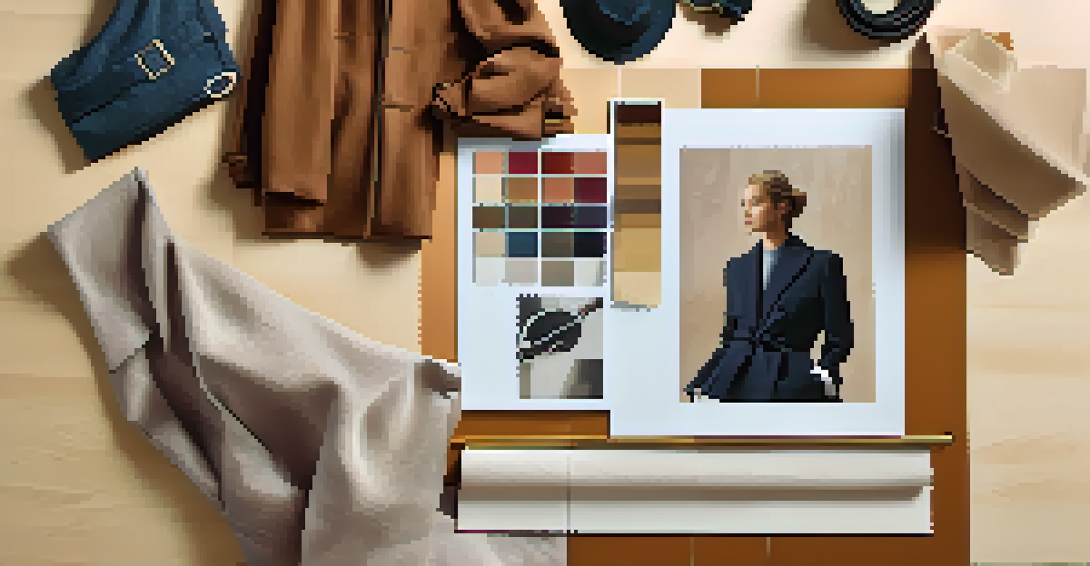 A close-up of a mood board with fabric swatches and images of fashion pieces.