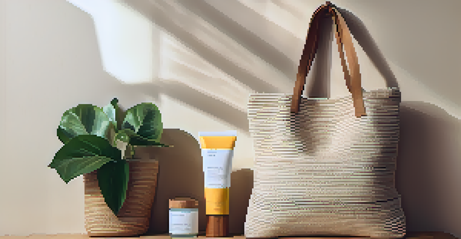A flat lay of sustainable fashion items including a tote bag and clothing, arranged on a natural background.