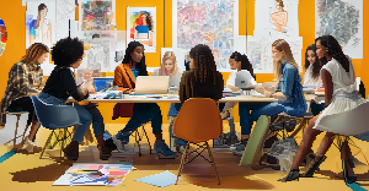 A diverse group of fashion students collaborating at a table with sketches and fabric samples in a vibrant studio environment.