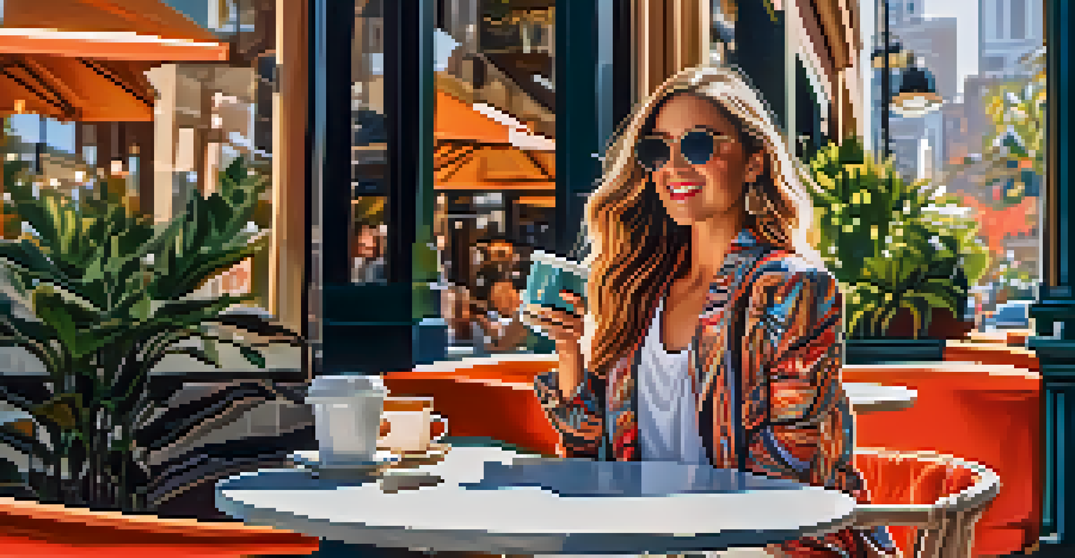 An influencer poses stylishly at a coffee shop patio, showcasing a handbag in a lively outdoor setting.