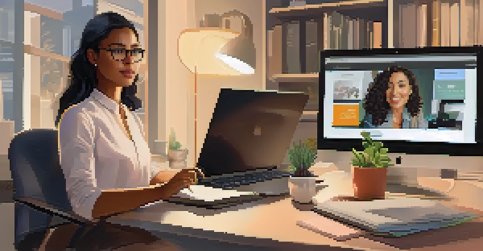 A woman in a stylish blouse and sweatpants is engaged in a virtual meeting at her desk, with warm lighting and a cozy background.