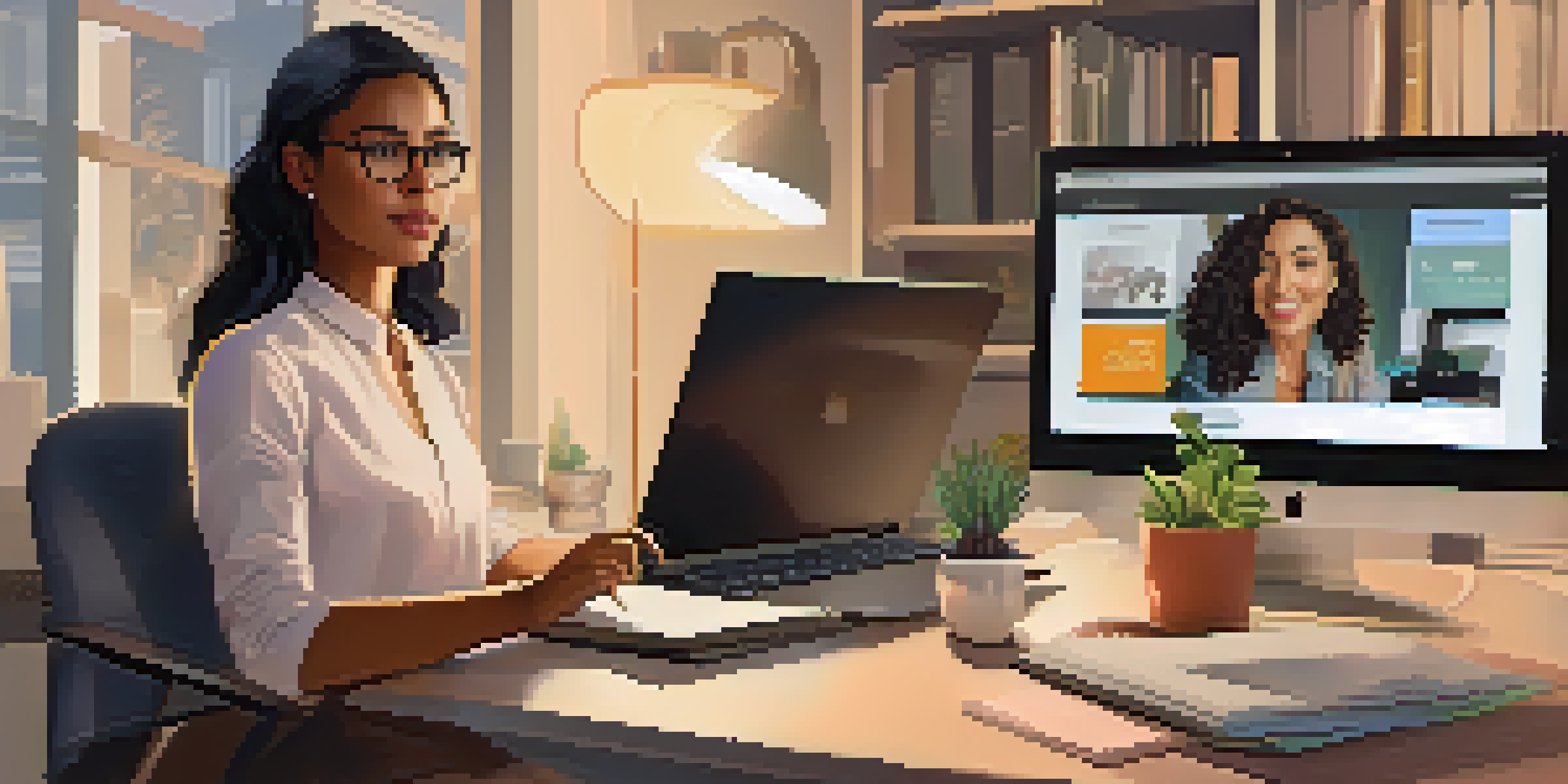 A woman in a stylish blouse and sweatpants is engaged in a virtual meeting at her desk, with warm lighting and a cozy background.