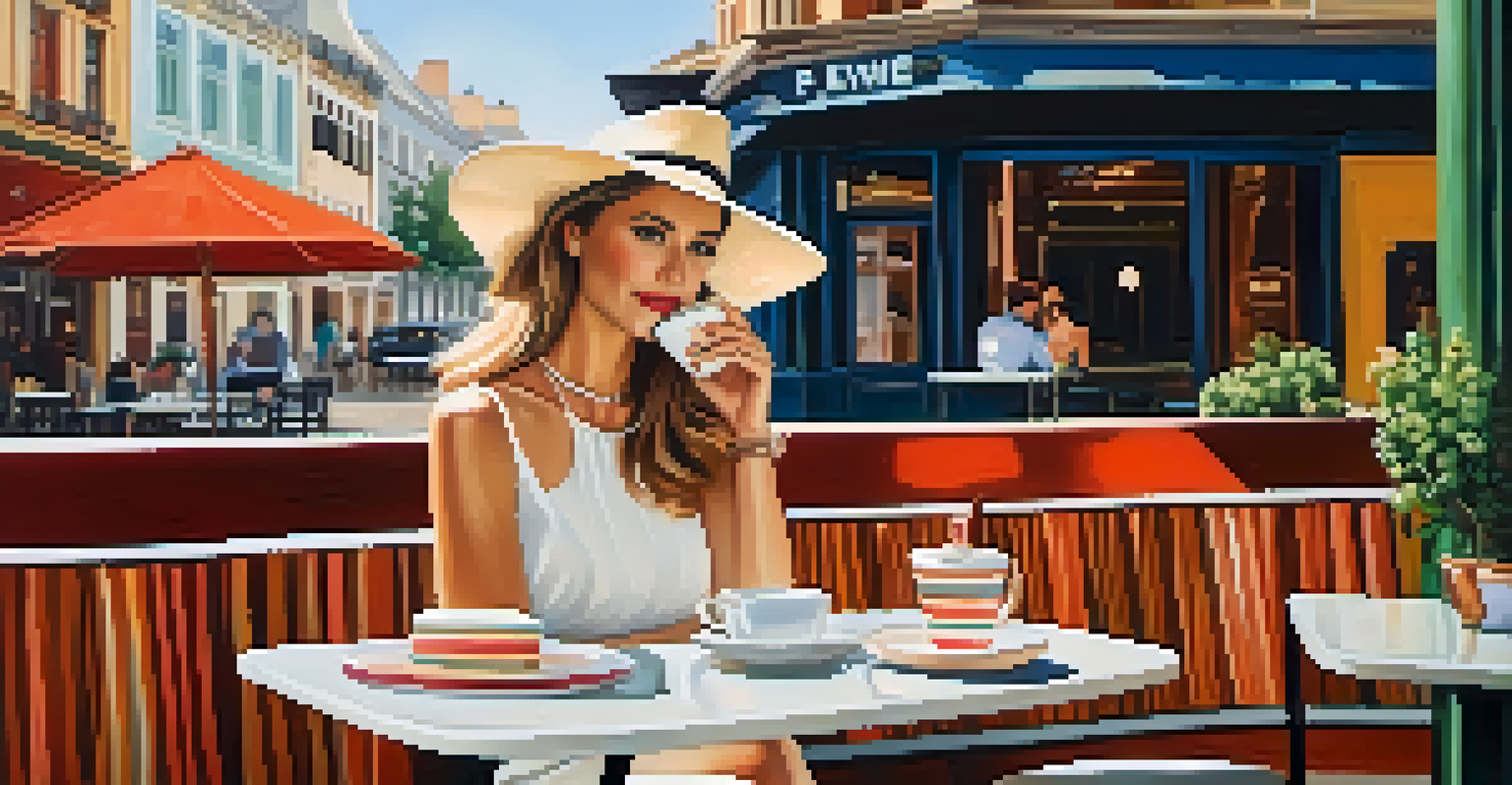 A woman in a stylish dress and wide-brimmed hat sitting at an outdoor café, holding a coffee and surrounded by colorful decor.