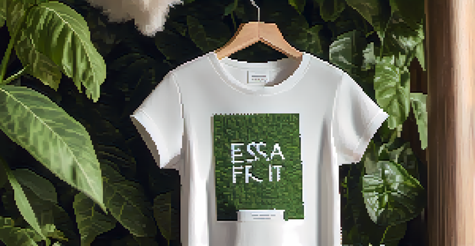 A sustainable fashion label tag on a garment, surrounded by green plants and natural light.