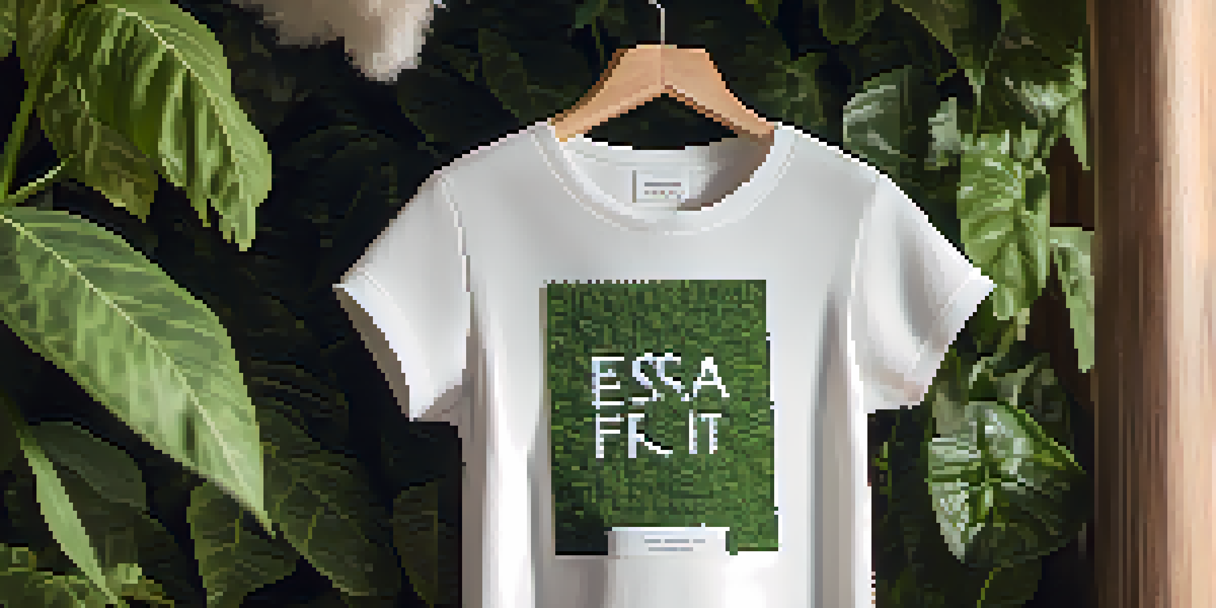 A sustainable fashion label tag on a garment, surrounded by green plants and natural light.