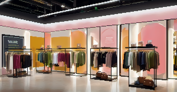 An inviting fashion store with clothing racks and a display for a loyalty program, featuring customers engaging with staff.