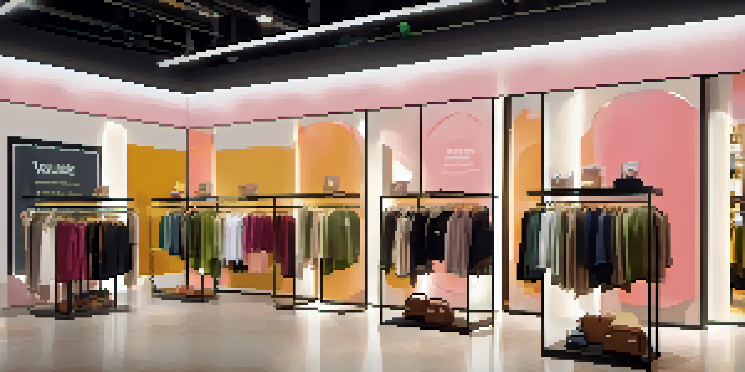An inviting fashion store with clothing racks and a display for a loyalty program, featuring customers engaging with staff.
