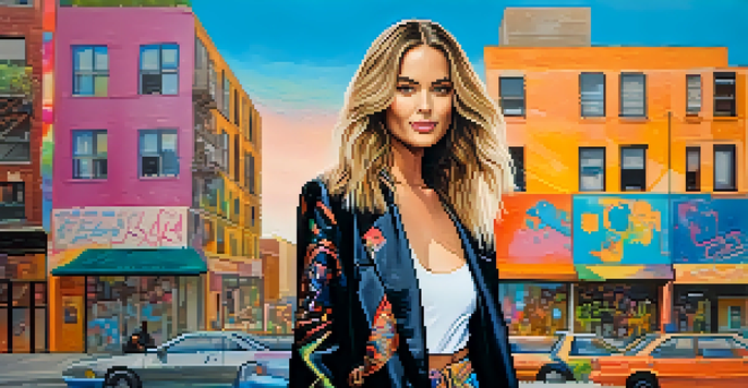 A '90s supermodel posing confidently in a colorful urban environment, wearing an oversized blazer and platform shoes, with warm lighting highlighting her features.