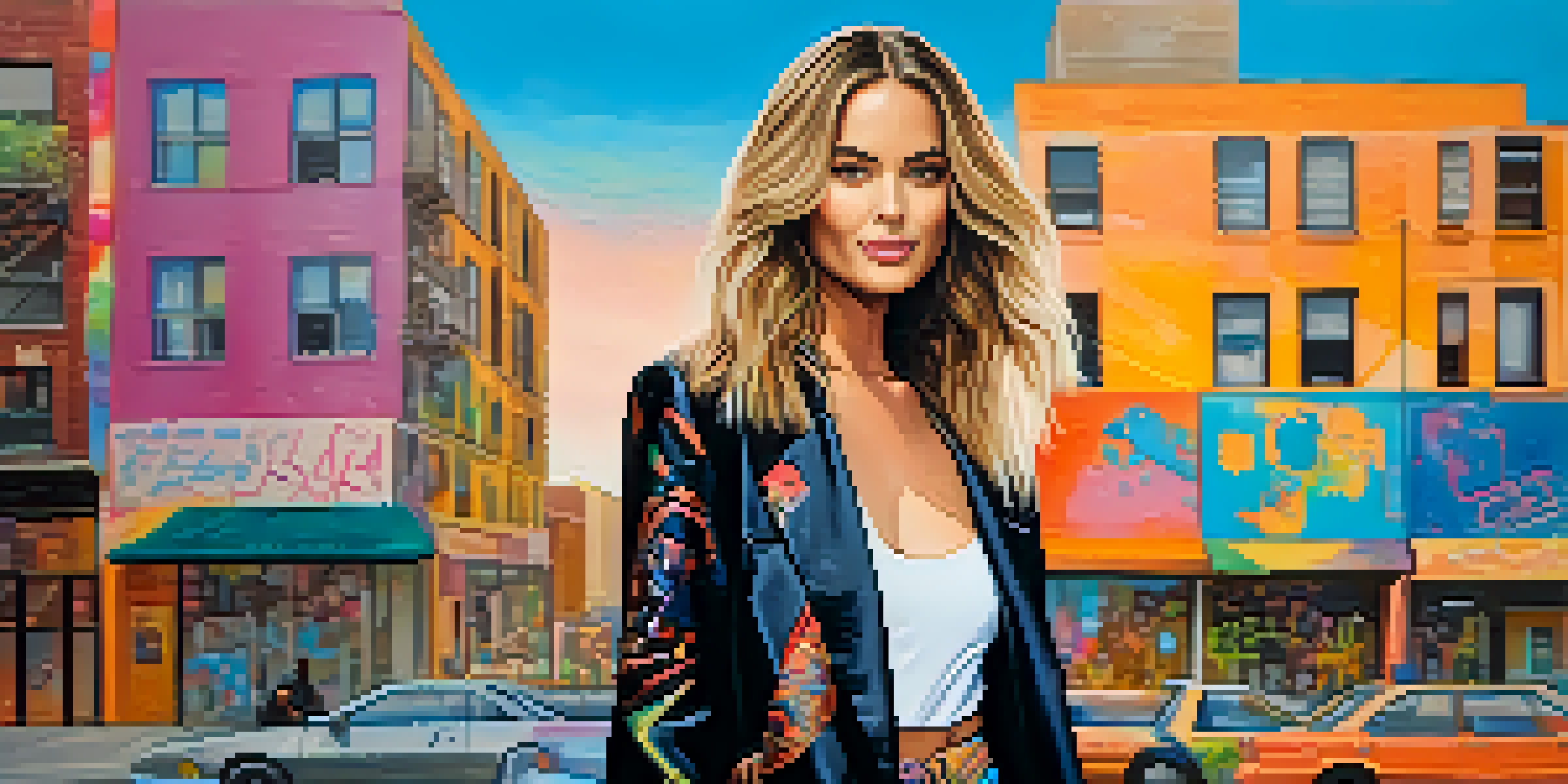 A '90s supermodel posing confidently in a colorful urban environment, wearing an oversized blazer and platform shoes, with warm lighting highlighting her features.