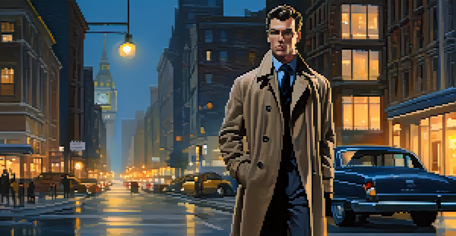 A modern detective character in a fitted trench coat standing in an urban setting at dusk, with city lights in the background.