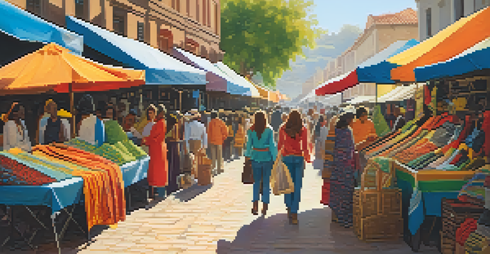 A busy outdoor market filled with colorful fair trade fashion items and happy shoppers exploring various stalls.