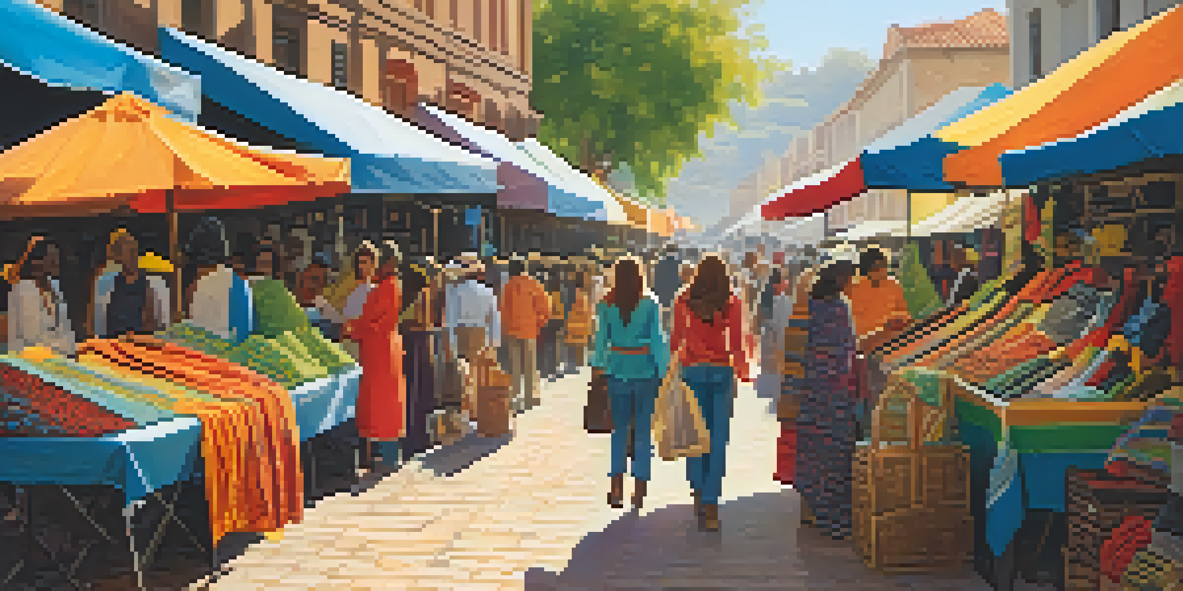 A busy outdoor market filled with colorful fair trade fashion items and happy shoppers exploring various stalls.