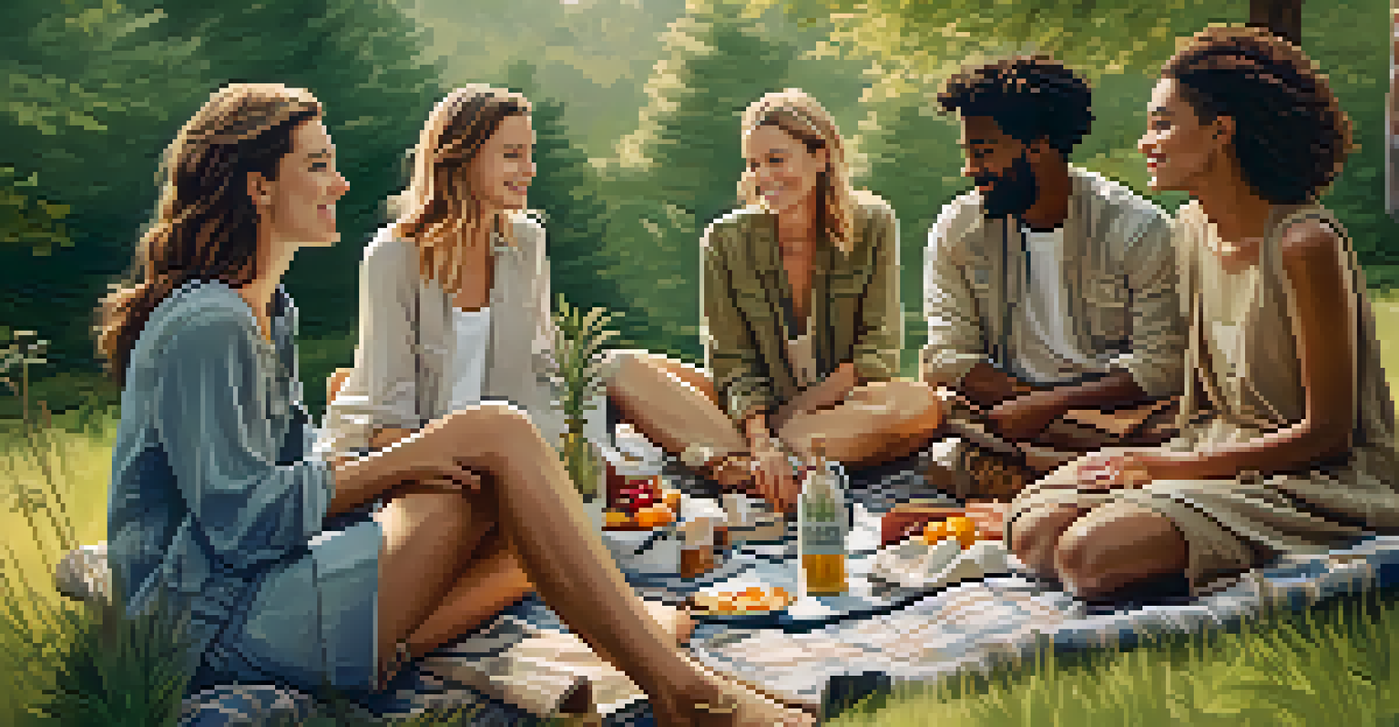 A group of friends wearing sustainable fashion outfits, enjoying a picnic in a natural outdoor setting.
