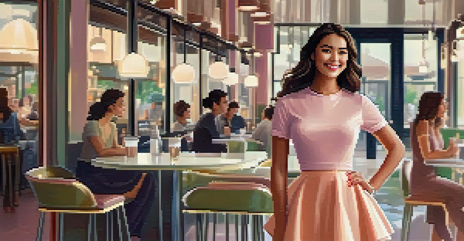 A rectangular body type woman in a peplum top and high-waisted skirt smiles in a stylish cafe with modern decor.