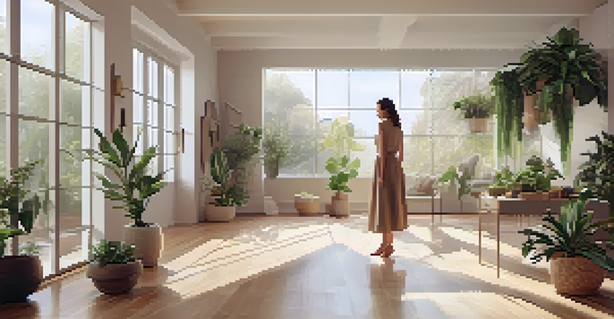 A woman in a minimalist outfit stands in a bright room with indoor plants, wearing a bold necklace and surrounded by natural light.