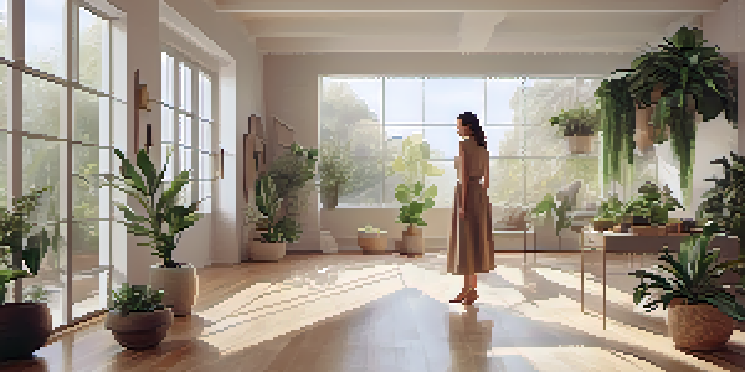 A woman in a minimalist outfit stands in a bright room with indoor plants, wearing a bold necklace and surrounded by natural light.