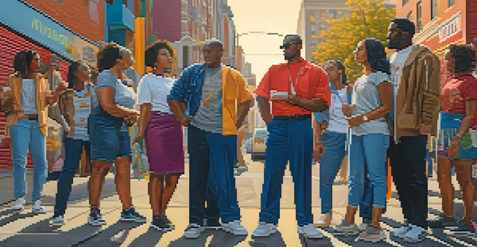 A lively urban scene with diverse individuals dressed in clothes with political messages, surrounded by a colorful mural, symbolizing activism and community.
