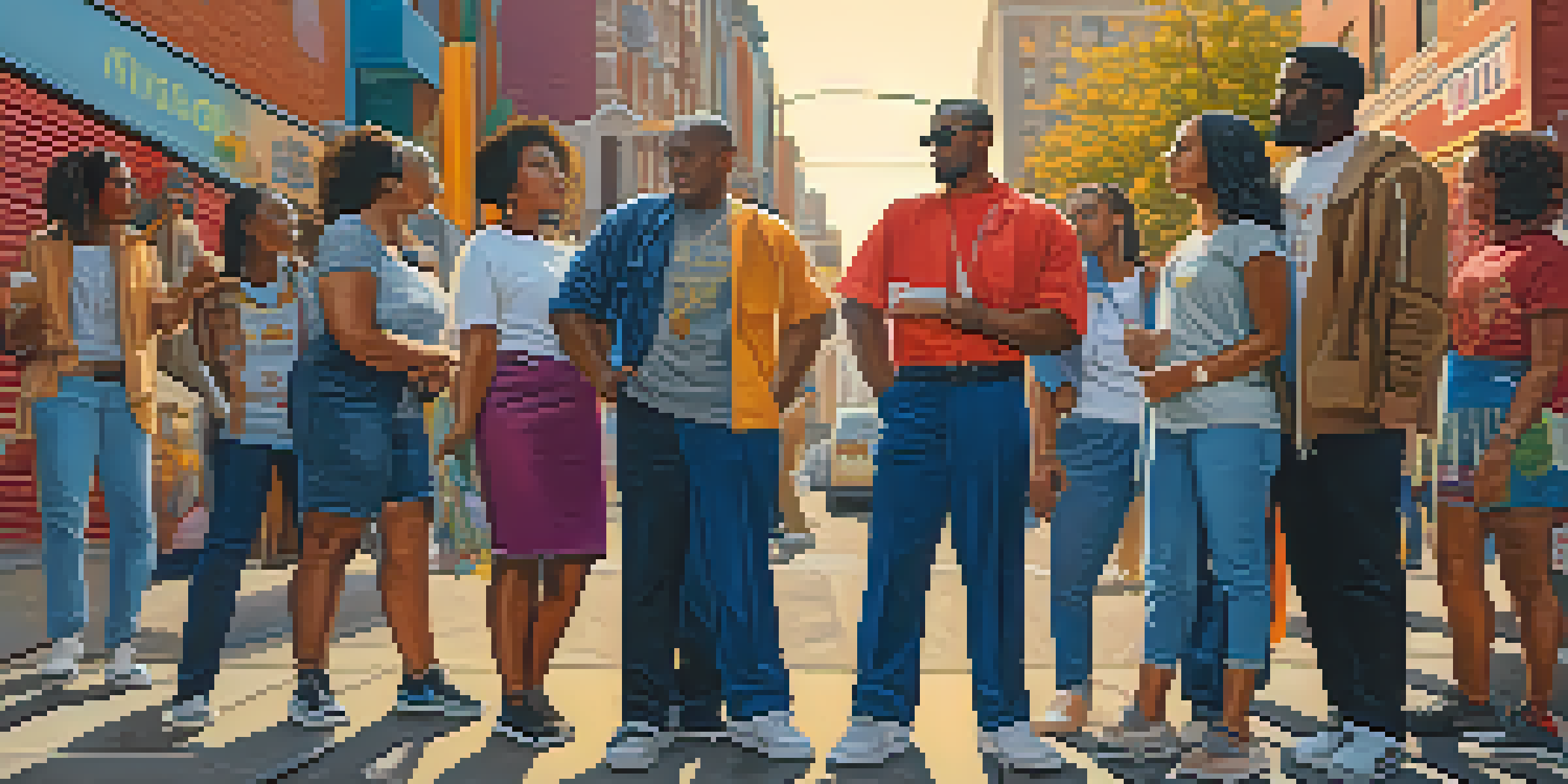 A lively urban scene with diverse individuals dressed in clothes with political messages, surrounded by a colorful mural, symbolizing activism and community.
