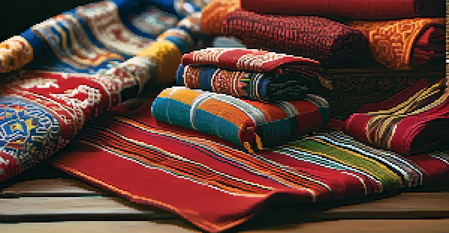 A close-up view of various traditional garments with rich patterns and textures displayed on a wooden table, featuring tags that describe their cultural significance.