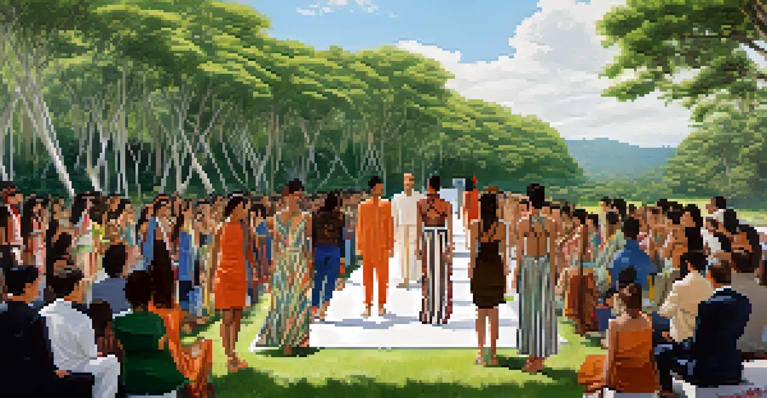 Models of various ethnicities showcasing Indigenous-inspired fashion on an outdoor runway surrounded by a lush natural landscape.