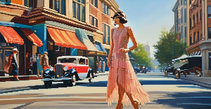 A model wearing a 1920s flapper dress twirls in an urban setting, surrounded by vintage cars and buildings, with warm evening light enhancing the scene.